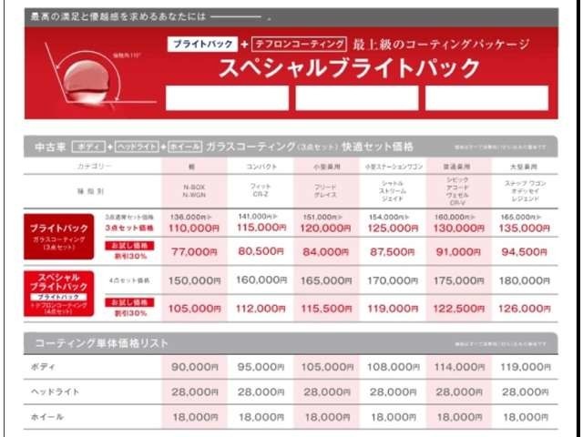 ブライトパック価格表。・・・高機能を身に纏い、保護する3つのコーティングをあなたの愛車に。スペシャルブライトパック。