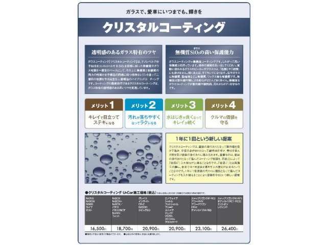 メンテナンスの定番、ボディコーティング！！ガラス系の撥水タイプです。（※1年程度の効き目で保証はなし。車種によって金額が異なりますので、スタッフまでお問い合わせください）