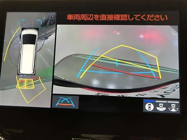 【パノラミックビューモニター(シースルービュー機能付)】クルマを上から見たような画像をディスプレイに表示し、運転席から確認しにくい箇所も確認できます。クルマを透過したような映像で周辺の確認も可能です。