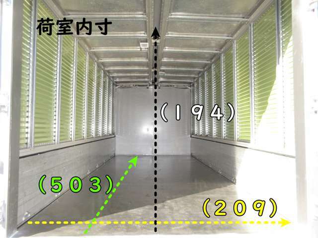 門口高さ183　荷箱パブコ　769S2756　荷室　長さ503x幅209x高さ194センチ　　ワイド超ロング　ステンレス張り　コーキング処理済み　ウィングシート貼り　観音ドア交換済み　内外装キレイ