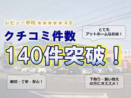 おかげさまでお客様から140件を超えるクチコミを頂きました。これからもよりお客様に喜んでいただける車屋を目指して精進いたします！