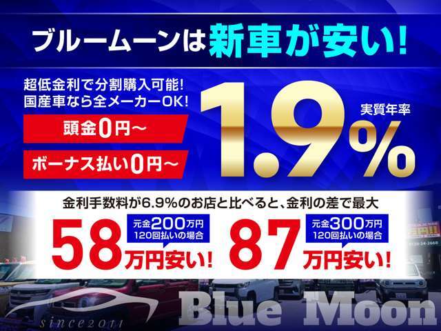 ●新車は初回商談時限定で1.9％特別低金利ローンがご利用いただけます。他社金利6.9％と比べると最大87万円もお得に買えます！