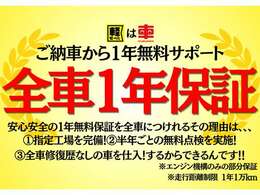 当店は全車1年保証付き！ご納車から1年又は1万kmまでエンジンを保証させていただきます！修復暦なしの車しか扱ってないのはもちろん、指定工場を完備しお客様の安心をサポートできる体制があるかあです！