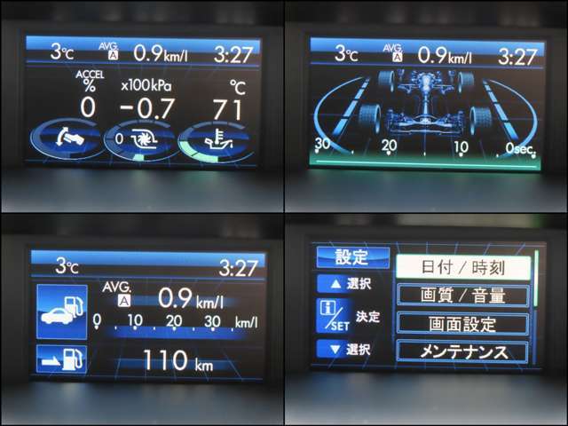 INFOディスプレイの表示例です。4WDの稼働状況やカスタム可能な3連メーター、燃費履歴などを表示できます。