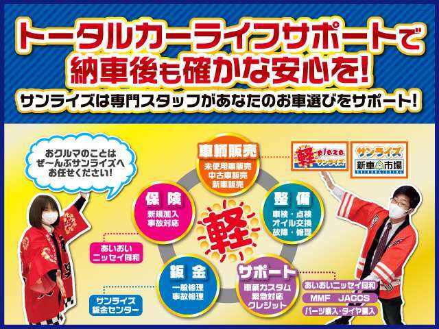 「軽サンライズ」で検索していただければお店の在庫車一覧HPもご確認いただけます。軽サンライズ　青森　弘前　十和田　八戸　届出済未使用車専門店！