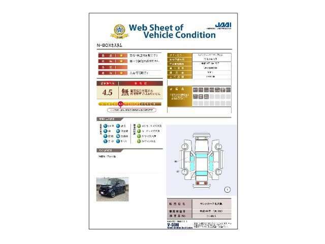 全部の中古車に第三者機関発行の「車両状態証明書」付き。事故の有無やキズの状態が一目で分かり易くご覧いただけます。