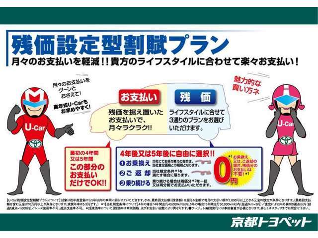 こちらの車両はお求めやすい残価設定型プランがご利用いただけます。詳しくはスタッフまでご相談ください。