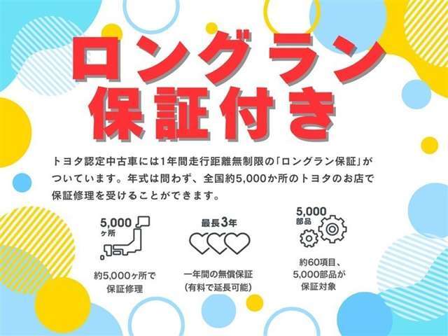 ☆　1年間走行無制限のロングラン保証付。全国のトヨタテクノショップで保証修理が可能です。　リーズナブルな金額の追加で3年間保証修理が可能なプランもございます。　詳しくはスタッフまでお問合せ下さい。