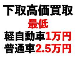 どのようなお車でも軽自動車は1万円 普通車は2.5万円の最低下取り保証をさせて頂きます。自走可能でお持ち込ける事が条件になります。不動車・オイル漏れ車両はNGです。