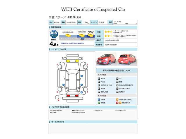 第三者評価機関「AIS社」の車両検査済み！総合評価4.5点（評価点はAISによるS～Rの評価で令和6年12月現在のものです）☆