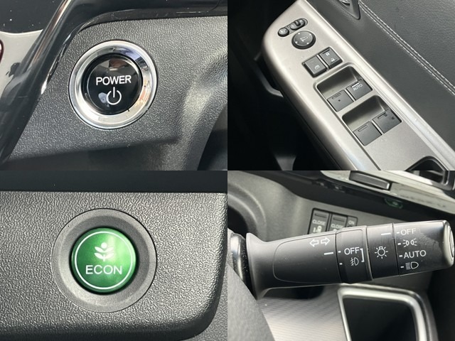 快適4機能を紹介します！左上ボタン一つでエンジンが始動します！左下ECONスイッチです。クルマ全体の動きを低燃費モードになります♪右下オートライトも装備しているんです！暗くなったら、自動でライトON！