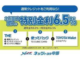 「通常割賦」＋「メンテパック」＋「延長保証」の3点をセットにした特別金利プランです。通常金利8％のところ、TMEと使ってバック、トヨタウォレットのご利用で、特別金利6.5％でご提供をさせていただきます