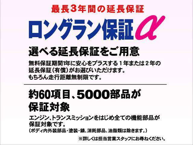 Aプラン画像：無料保証期間1年に安心をプラスする1年の延長保証がお選びいただけます。もちろん走行距離無制限です。