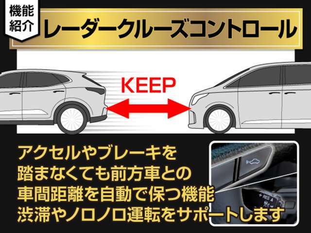 レーダークルーズ装備！設定した速度で車間距離を保ちながら追従走行できます！高速道路ではアクセル踏まずのドライブが可能です！