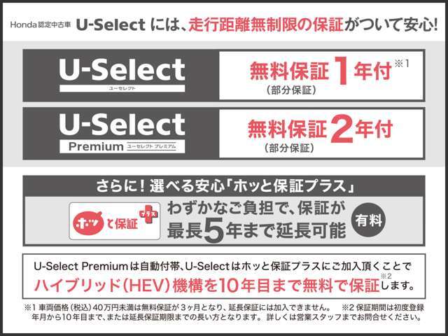 中古車にも安心の5年間、走行距離無制限の「Premiumホッと保証プラス」加入プランです！　2年間、走行距離無制限の「Premiumホッと保証」（無料）にわずかなご負担で最大5年間に延長できます！