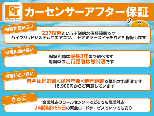 ★免責期間無★全国の工場、ディーラーで修理対応★修理の累積上限額、走行距離制限なし（国産車）★24時間365日ロードサービス付★保証範囲業界トップクラスの237カ所★2年・3年のプランも有り