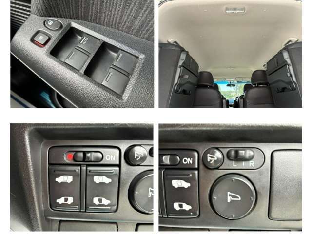 集中パワーウインドウスイッチ、きれいな天井、パワースライドドア操作スイッチ、電動格納ドアミラースイッチが装備されております。