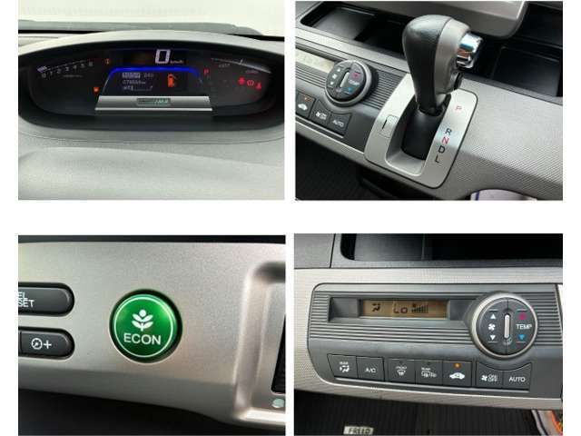 見やすいメーター、シフトノブ、エコモードの操作スイッチ、エアコンです。