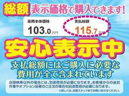 ☆当店の総額表示はお客様からの追加注文がなければその表示価格で乗れます。ご成約時の法定整備代などの請求も一切ありません。安心の支払総額表示店です
