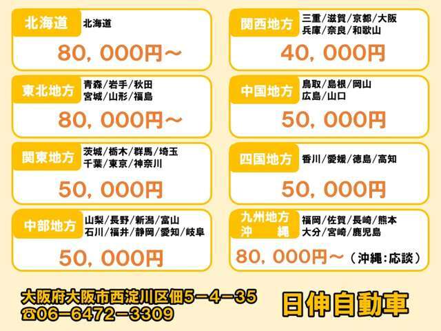 ご自宅までの納車陸送費（税別）の金額表です。　お客様のご自宅からお近くの最寄り駅で納車される場合は、￥5000円引きになります。　当社へ引き取りに来られる場合は納車費用は不要です。