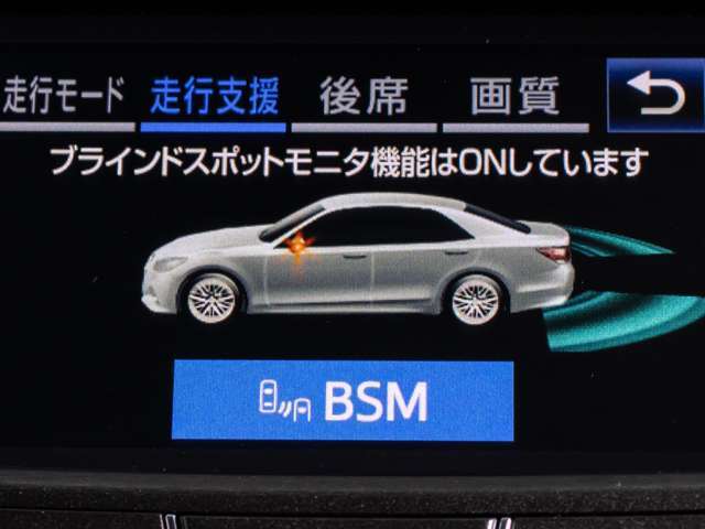 BSM（ブラインドスポットモニタ）！隣の車線を走る車両をレーダーで検知し、ドアミラーでは確認しにくい後側方エリアに存在する車両に加えて、急接近してくる車両も検知します。