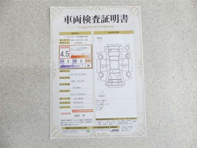 車両検査証明書付きです！だれでも中古車の状態がすぐにわかるよう、車のプロが客観的にチェック。車両の状態やわずかなキズも正確にお伝えします。