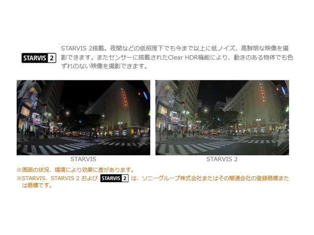 STARVIS 2搭載。夜間などの低照度下でも今まで以上に低ノイズ、高鮮明な映像を撮影できます。またセンサーに搭載されたClear HDR機能により、動きのある物体でも色ずれのない映像を撮影できます。