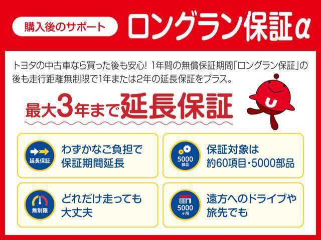 最大3年まで延長保証が可能な「ロングラン保証α」おクルマによって料金が異なりますので店舗へお気軽にお問い合わせください☆