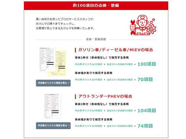 ご納車前の点検は、なんと約100項目！お客様へ「安心」「安全」をお届けするため、三菱自動車の整備資格を持ったエンジニアが納車前点検・整備を行います。