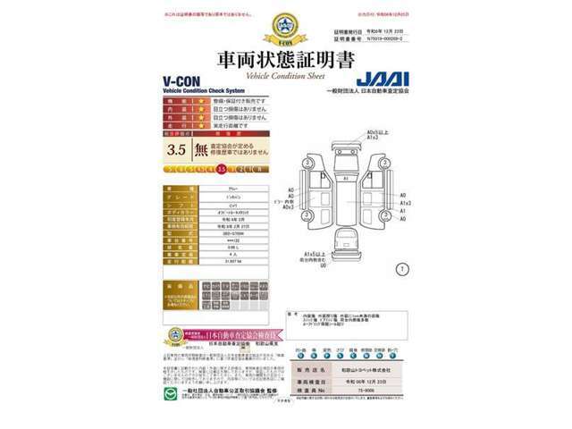 第三者機関「日本自動車査定協会」の車両状態証明書にて情報開示。一台ずつ内外装をチェック。安心のトヨペットU-Car！★査定協会評価点3.5点★