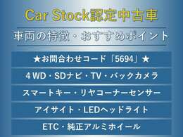 4WD　SDナビTV　バックカメラ　スマートキー　LEDヘッドライト　リヤコーナーセンサー　ETC　ステアリングスイッチ　革巻ステアリング　純正アルミホイール　フォグランプ　カーゴステップパネル