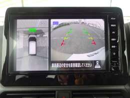 アラウンドビューモニター画像になります。4方向のカメラ画像を合成をし、上から見たような画像にしバック駐車時の死角を無くします。