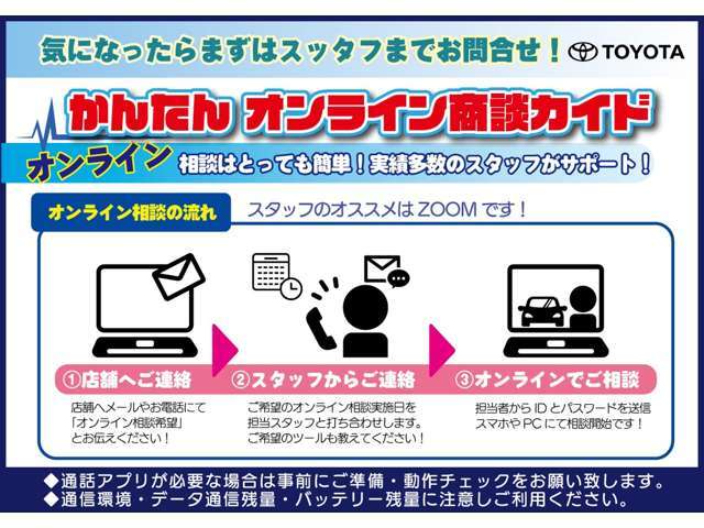 来店せずにお気軽にお問合せ・商談する事が可能です！！内外装の車両のキズや状態、細かい装備面の確認など気になるお車がございましたら、まずはご連絡下さい！！