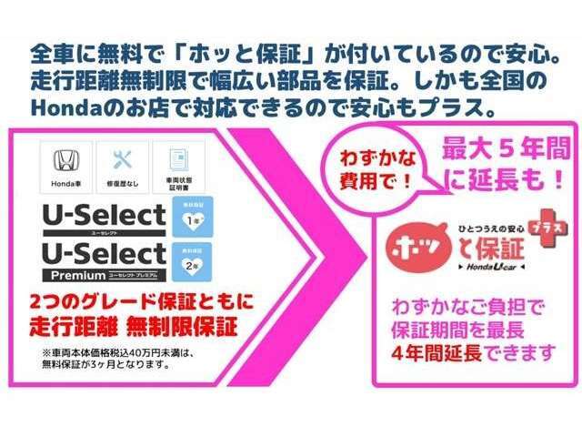 基本的な保証は始めから付いておりますが、別途有料で保証を延長する事が出来ます。また走行距離無制限で全国のホンダディーラーにて保証を受けていただけます。