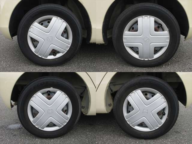 純正鉄ホイールが装着されています。タイヤブランドは、ヨコハマです。タイヤサイズは、155/65R13です。残り溝はフロントが3mm、リアが4mmです。