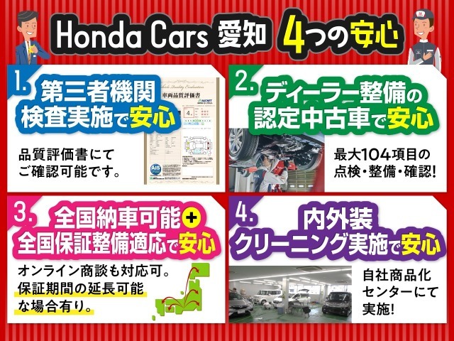 法定点検の整備に加え、ホンダのプロがプラスアルファー点検を実施し、基準を満たしていない部品を交換いたします。　整備費用は車両本体価格に含まれている為、別途費用がかかることはありませんのでご安心下さい。