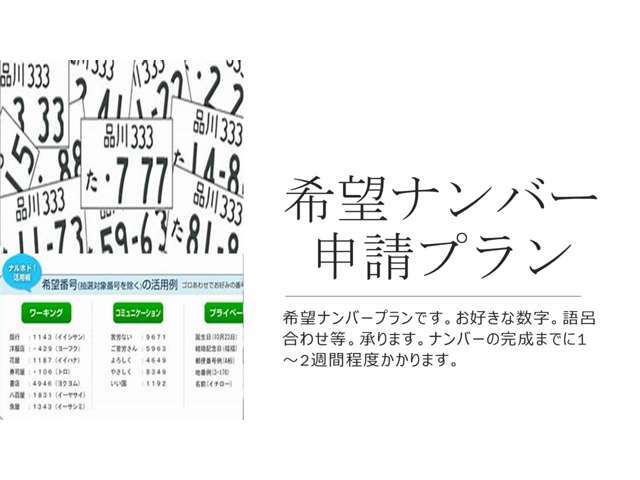 Aプラン画像：お好みの数字を愛車のナンバーにしませんか？誕生日や語呂合わせ等、自由に申請可能です。ナンバーの完成までに1,2週間程度かかります。※一部人気ナンバーは抽選になります。