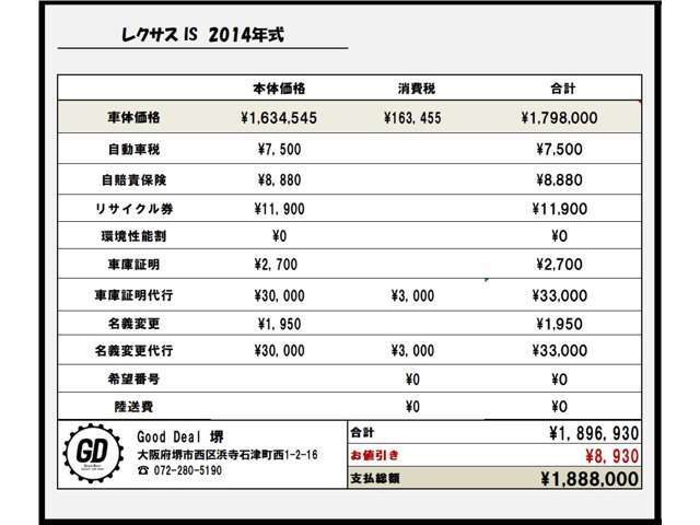 グッドディールでは支払総額を表示し、内訳もお客様にご確認いただいております。不当な諸費用、強制オプションの提示は一切致しません。