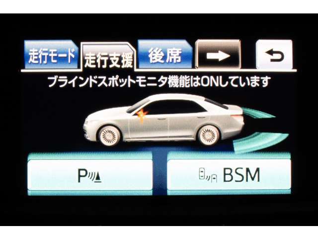 BSM（ブラインドスポットモニタ）！隣の車線を走る車両をレーダーで検知し、ドアミラーでは確認しにくい後側方エリアに存在する車両に加えて、急接近してくる車両も検知します。