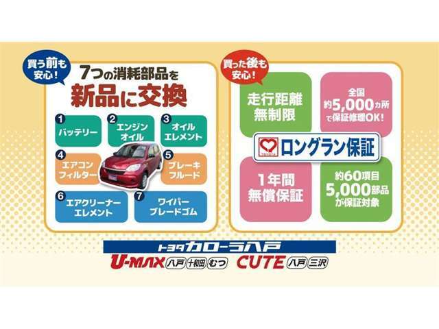 トヨタのロングラン保証付き。ご購入時には定期点検を実施。年式・距離数に応じて新品部品に交換いたします※詳しくはスタッフまでお問い合わせください