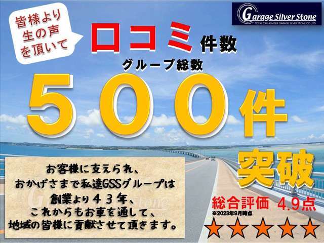 輸入車販売実績45年、生の声を頂いてついに口コミ500件を突破！引き続き全国から厳選した高品質な輸入車をお値打ち価格にてご提供させて頂きますのでこれからも変わらぬご愛顧をよろしくお願い申し上げます。