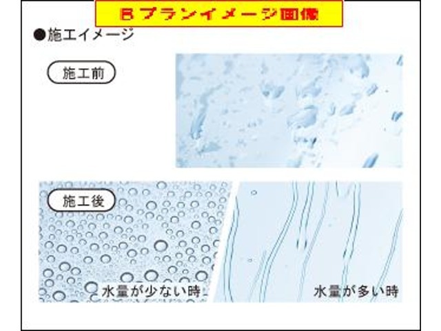 撥水性能を向上させる事で、雨水や跳ね上げられた水が水滴となって流れ落ちます。水膜にならず、ドライブが快適になります！