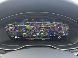 【Audi　バーチャルコックピット】液晶フルデジタルディスプレイにスピードメーター、タコメーター、マップ表示、メディア情報などフレキシブルに表示させるバーチャルコックピットを装備。