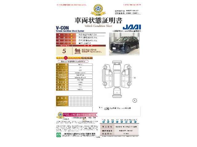 【車両状態証明書】修復歴や板金塗装跡の有無はもちろん、車両図を見ながら傷や凹みも実車で確認でき安心してご購入いただけます。