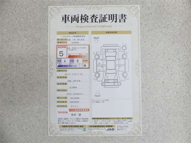 車両検査証明書付きです！だれでも中古車の状態がすぐにわかるよう、車のプロが客観的にチェック。車両の状態やわずかなキズも正確にお伝えします。