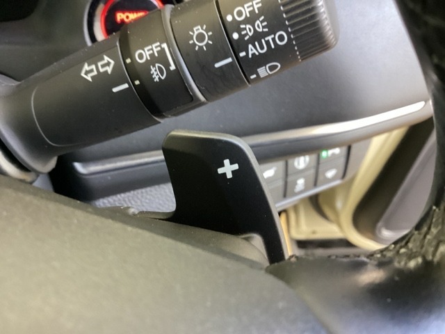 ステアリングホイール・後ろの減速セレクターは、左右に取り付けられた2つのパドルスイッチで減速の強さを調整。 左側の「-」を操作すると減速を強く、右側の「＋」を操作すると減速を弱くすることができます。