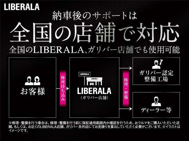 全国納車可能です！（有償）全国のLIBERALA、もしくはガリバー直営店舗のどこでも納車が可能です。納車後のアフターサービスも同じく全国で可能です。