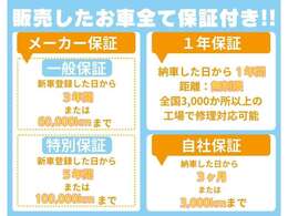 こちらのお車は自社保証(1カ月・1,000km)の対象車です。車種・年式によって、メーカー保証・1年保証を付けることが可能です。圏外からでも安心してご購入することができます。料金は、39,600円～69,300円になります