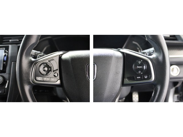 ホンダセンシングの3種類のセンサーが安全運転をサポート！ハンドル右側には運転サポート、情報・ディスプレー関係、左側にはナビ、クルーズコントロール、オーディオ関連スイッチが配置されています。
