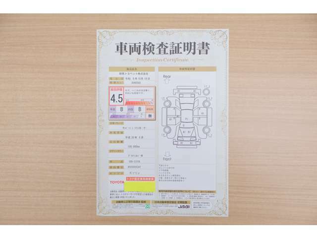 【車両検査証明書】店頭にて、クルマの状態が一目で分かる査証明書を公開中。トヨタ認定検査員が厳しく検査し、状態を点数と図解で表示しています。修復歴はもちろん、傷やヘコミの箇所や程度がご確認いただけます。